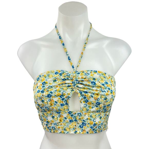 Et Clet Multi Floral Print Key Hole Front Halter Neck Smocked Back Crop Top Sz S - Picture 1 of 4